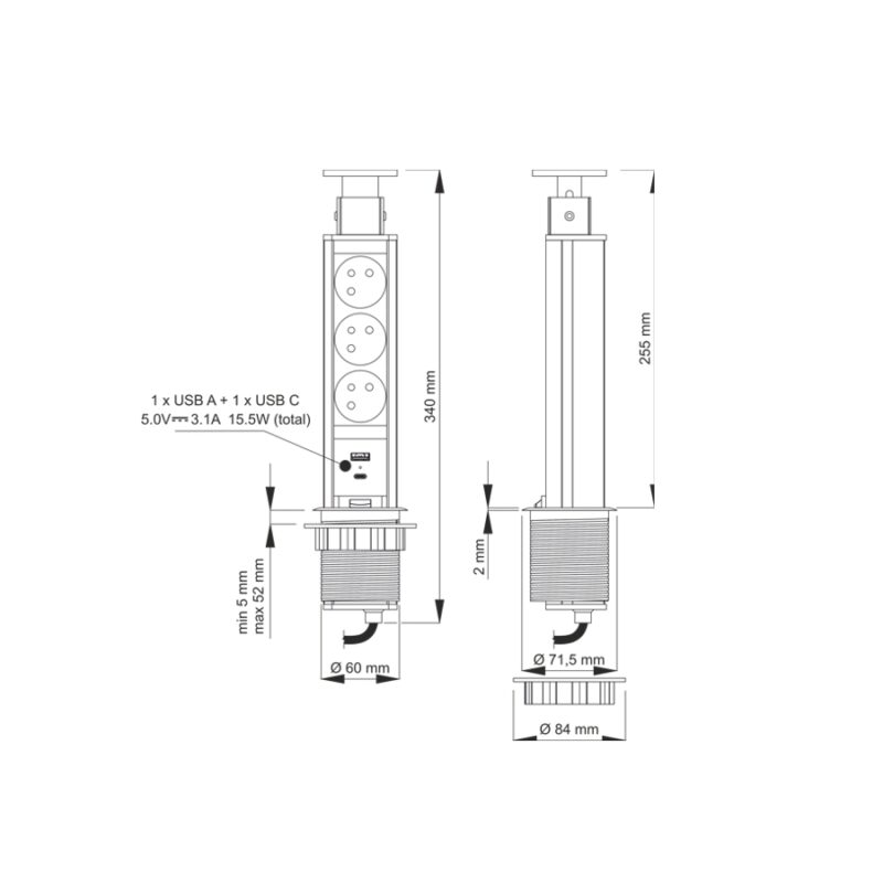 Gniazdo meblowe LIFT BOX z 2xUSB A+C czarne - obrazek 4